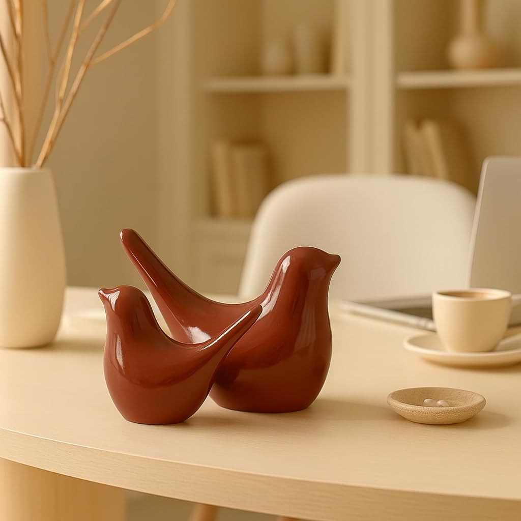 Creative Brown Glossy Ceramic Birds Figurines Home Decorations Accessories Party (Pack of 2, Brown)