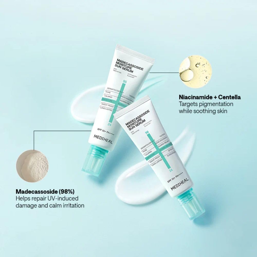 MEDIHEAL Madecassoside Moisture Sun Serum SPF50+ PA++++, Hydrating Korean Sunscreen Serum with Centella Madecassoside for UV Protection, Blemish Care & Skin Barrier Repair, Lightweight Moisturizing K-Beauty Sunscreen (50g)