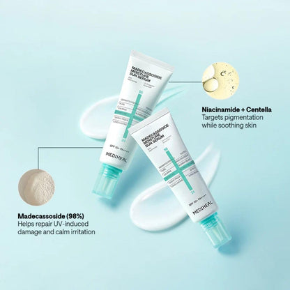 MEDIHEAL Madecassoside Moisture Sun Serum SPF50+ PA++++, Hydrating Korean Sunscreen Serum with Centella Madecassoside for UV Protection, Blemish Care & Skin Barrier Repair, Lightweight Moisturizing K-Beauty Sunscreen (50g)