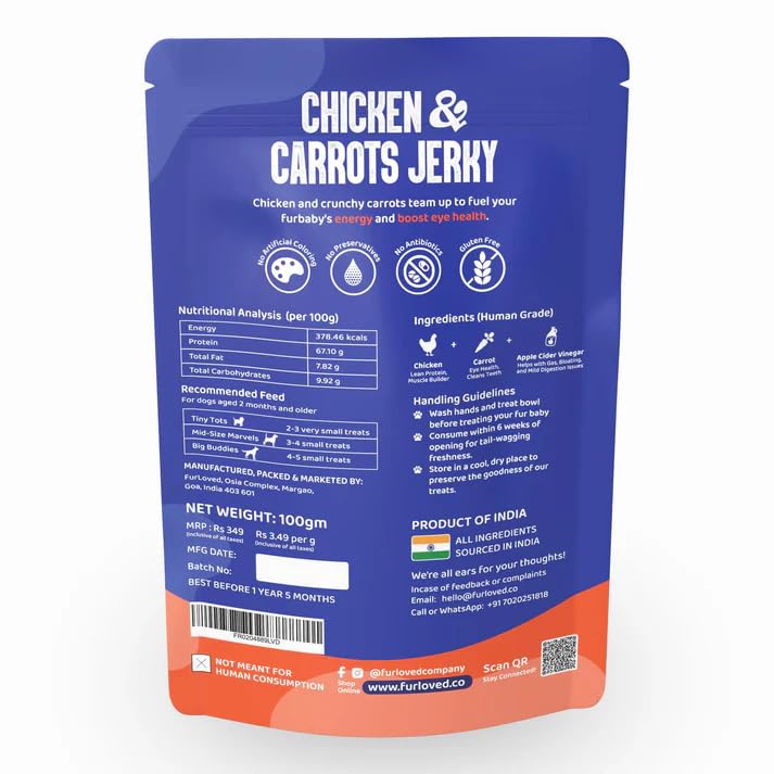 Fur Loved Chicken & Carrot Jerky | Natural & Nutritious Dog Treats (30 GM)|Pack_1|