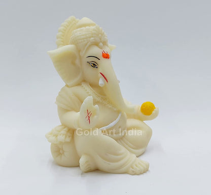 Gold Art India Ivory Finish Gaddi Ganesh Idol for Car Dashboard Small Ganesha Murti Ganpati Idol for Home Decor Puja Lord Ganesh Statue Gift for Office Desk Puja Room Figurine