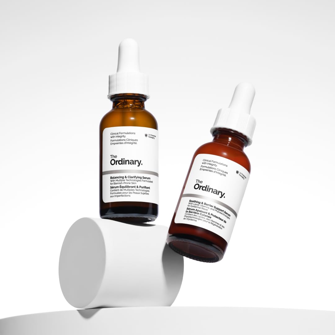 Two bottles of 'The Ordinary' serum on a white background