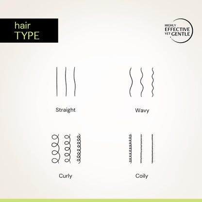 Diagram of hair types with symbols for straight, wavy, curly, and coily hair on a beige background.