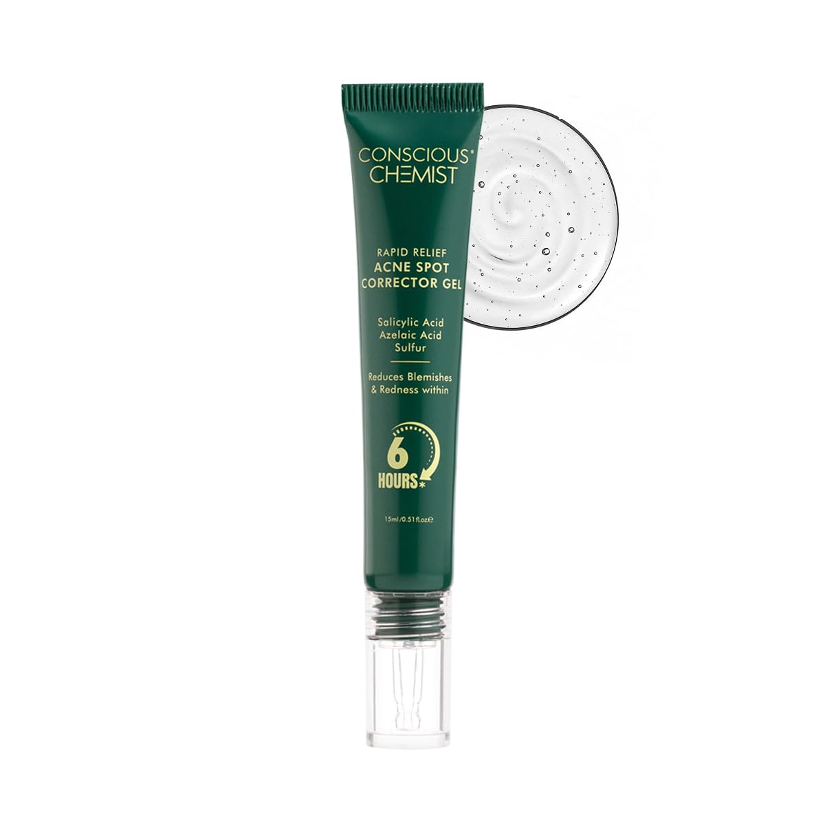 Tube of 'Conscious Chemist' acne spot corrector gel on a white background