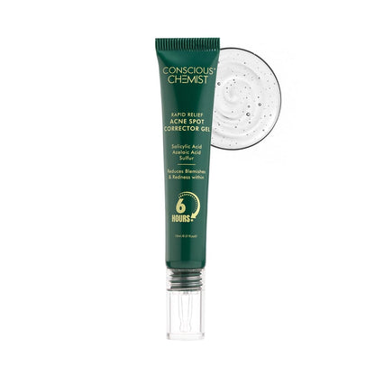 Tube of 'Conscious Chemist' acne spot corrector gel on a white background