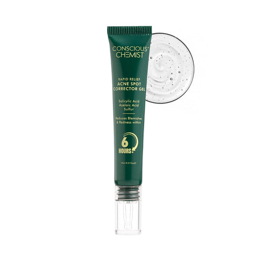 Tube of 'Conscious Chemist' acne spot corrector gel on a white background
