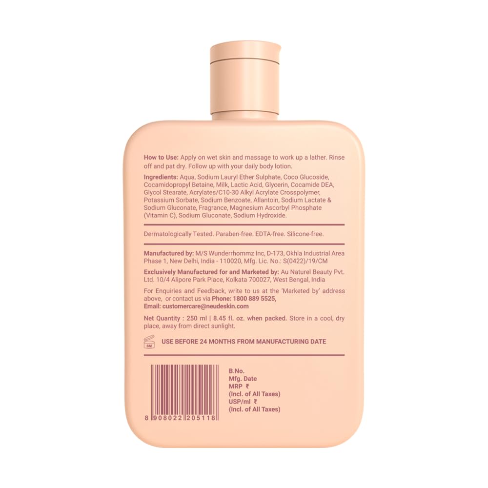 Be Neude All Wet 250ml De-Tan Body Wash with Milk, Lactic Acid, Vitamin C for Skin Brightening, Dark Spot & Pigmentation Reduction; Deep Cleansing Shower Gel Prevents Dryness & Body Acne for Men & Women