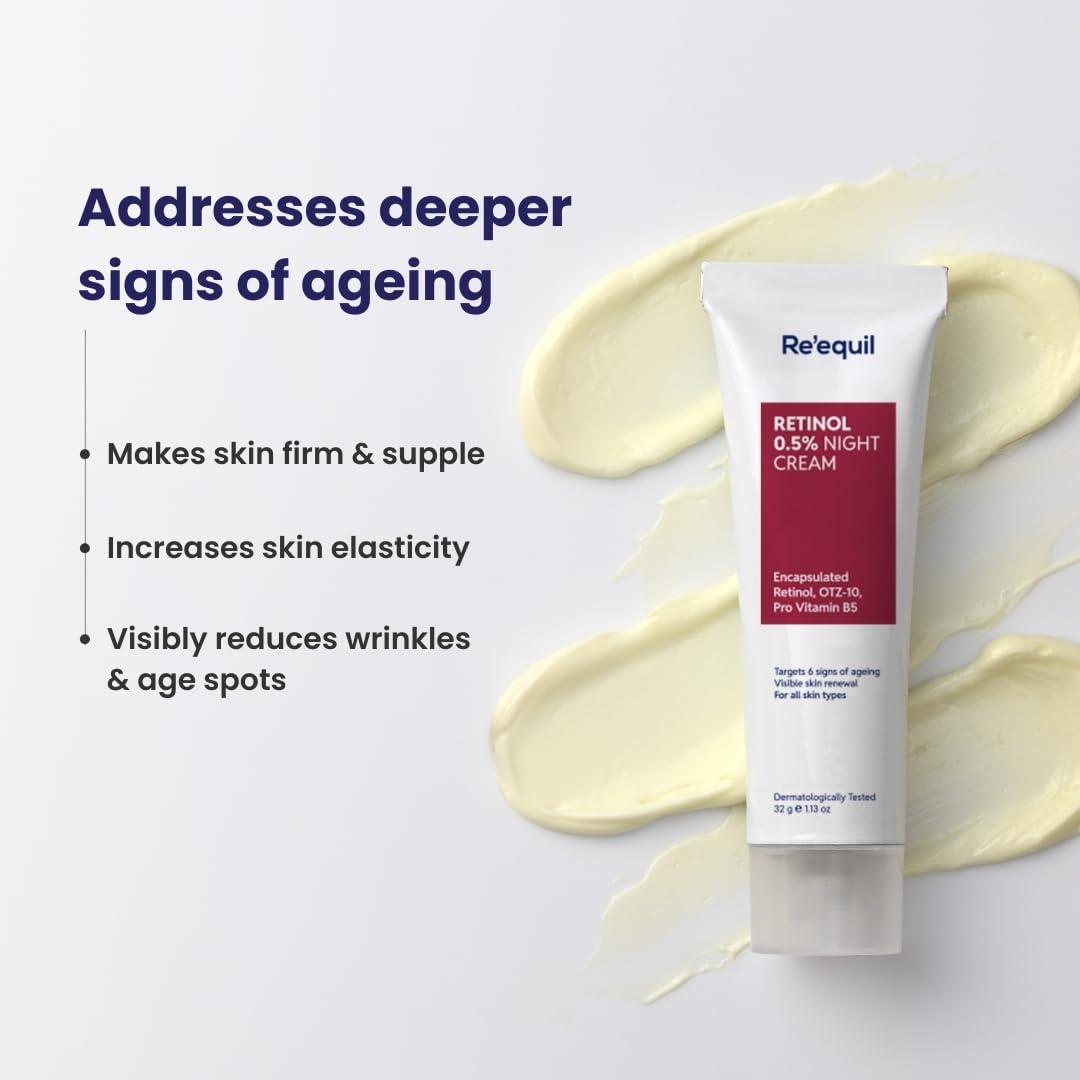 Tube of Re'equil Retinol 0.5% Night Cream with text on a light gray background
