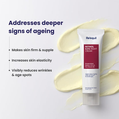 Tube of Re'equil Retinol 0.5% Night Cream with text on a light gray background