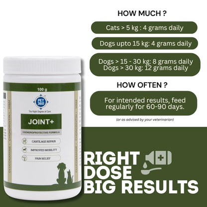 PET360 Joint+ Chondroprotective Formula - 100 gm | Hip, Joints, Cartilage Supplement for Dogs & Cats for Improved Mobility & Pain Relief with Glucosamine, Chondroitin, MSM | Suitable for All Breeds