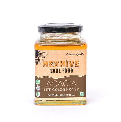 Jar of Hexhive Acacia Honey on a white background