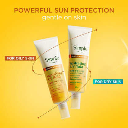 Two Simple sunscreen tubes on a yellow background with text about sun protection.