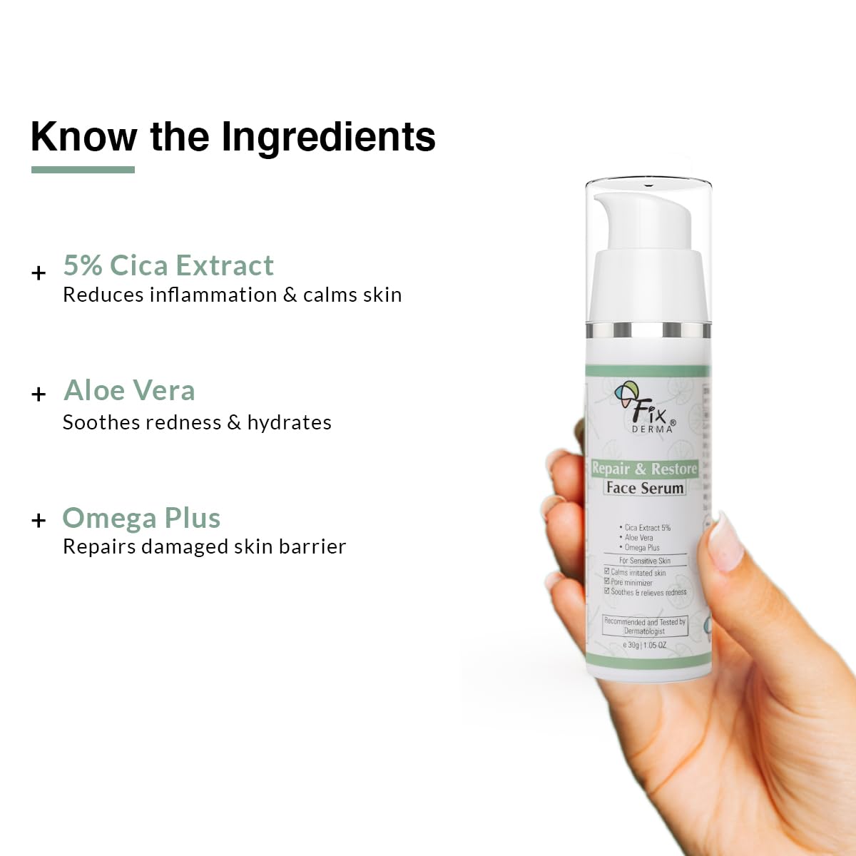 Fixderma 5% Cica Extract Repair & Restore Face Serum for Sensitive Skin | Aloevera Face Serum | Cica Glow Face Serum with Omega Plus | Face Serum for Men & Women - 30gm