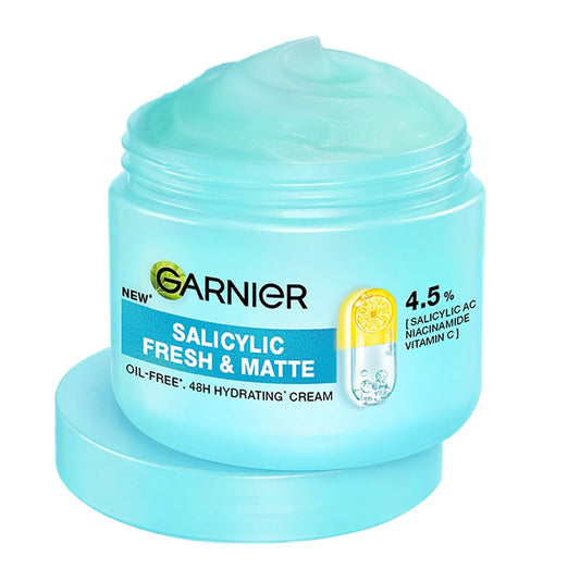 Garnier Salicylic Fresh & Matte cream jar on a white background