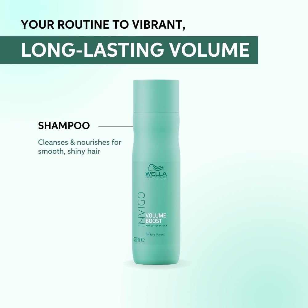 Wella Invigo Volume Boost shampoo bottle on a light green background with text about hair care routine.