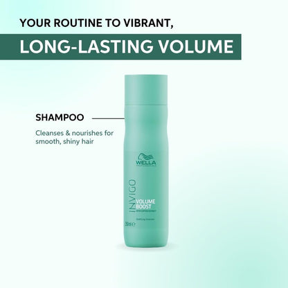 Wella Invigo Volume Boost shampoo bottle on a light green background with text about hair care routine.