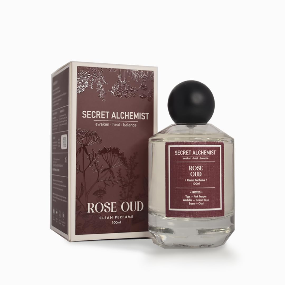 Secret Alchemist Rose Oud perfume bottle and packaging on a white background