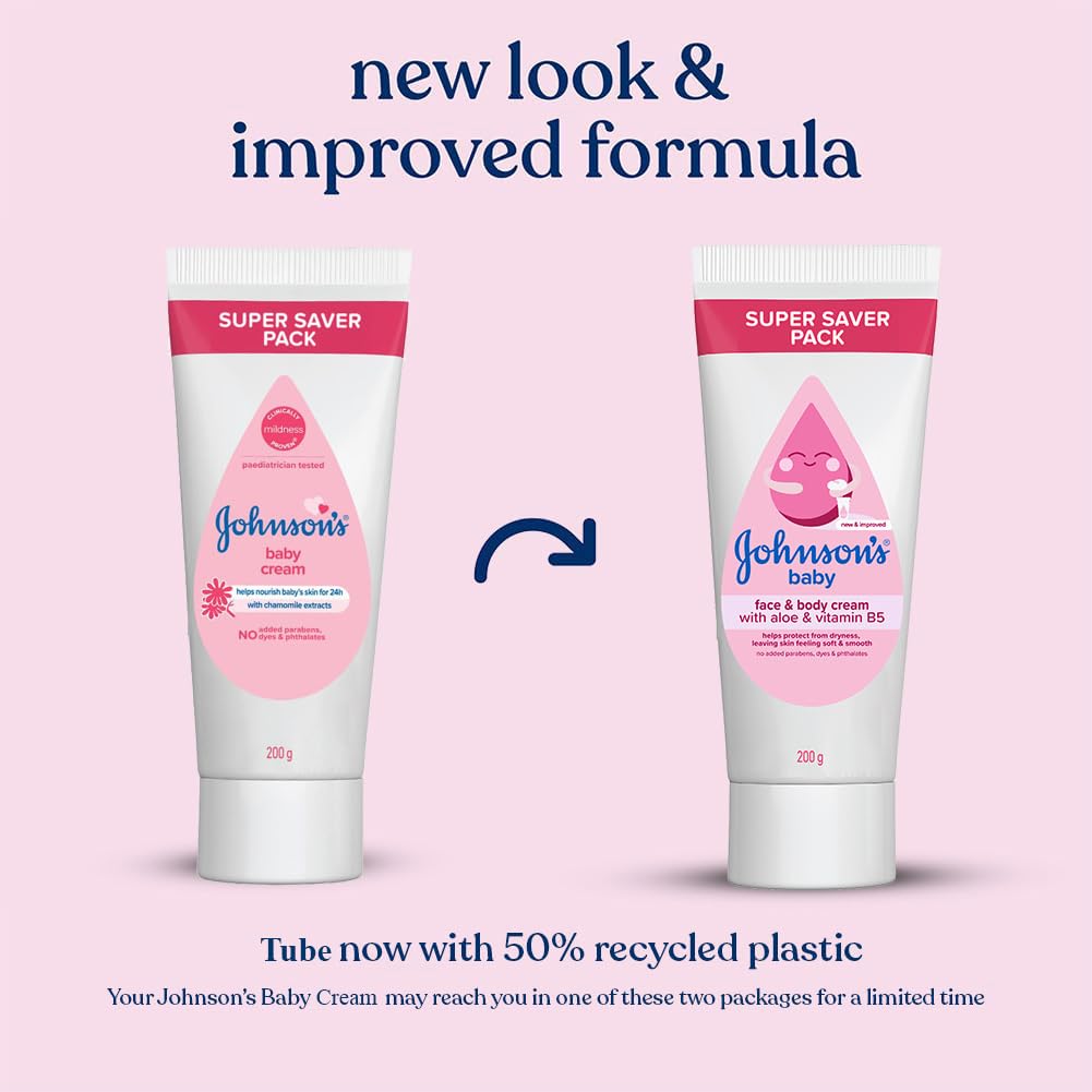 Johnson's Baby Cream 200g | Face & Body Cream for All Skin Types including Sensitive Skin | Helps Protect from Dryness | Baby's Skin Feels Soft & Smooth | With Aloe & Vitamin B5 | No Added Parabens, Dyes & Pthalates | Pediatrician Tested