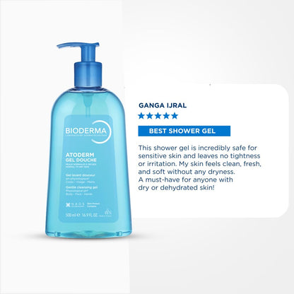 Bioderma shower gel bottle with a five-star rating on a white background