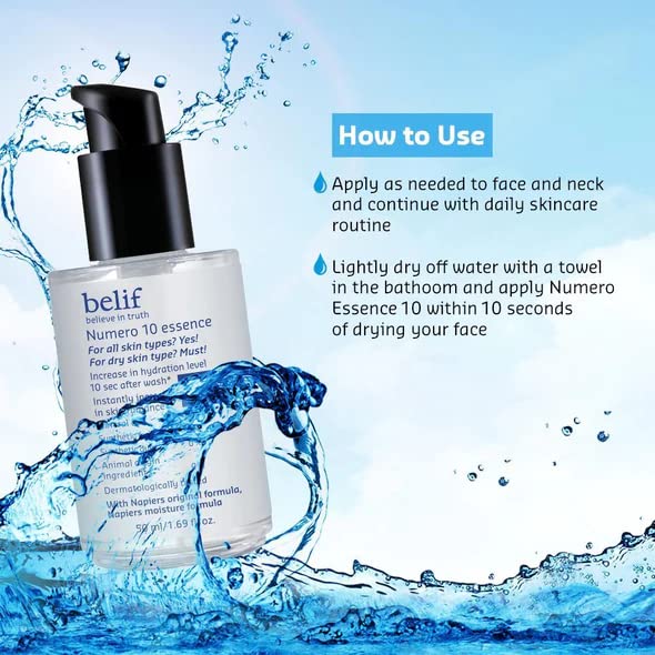belif skincare bottle with water droplets and usage instructions on a blue background