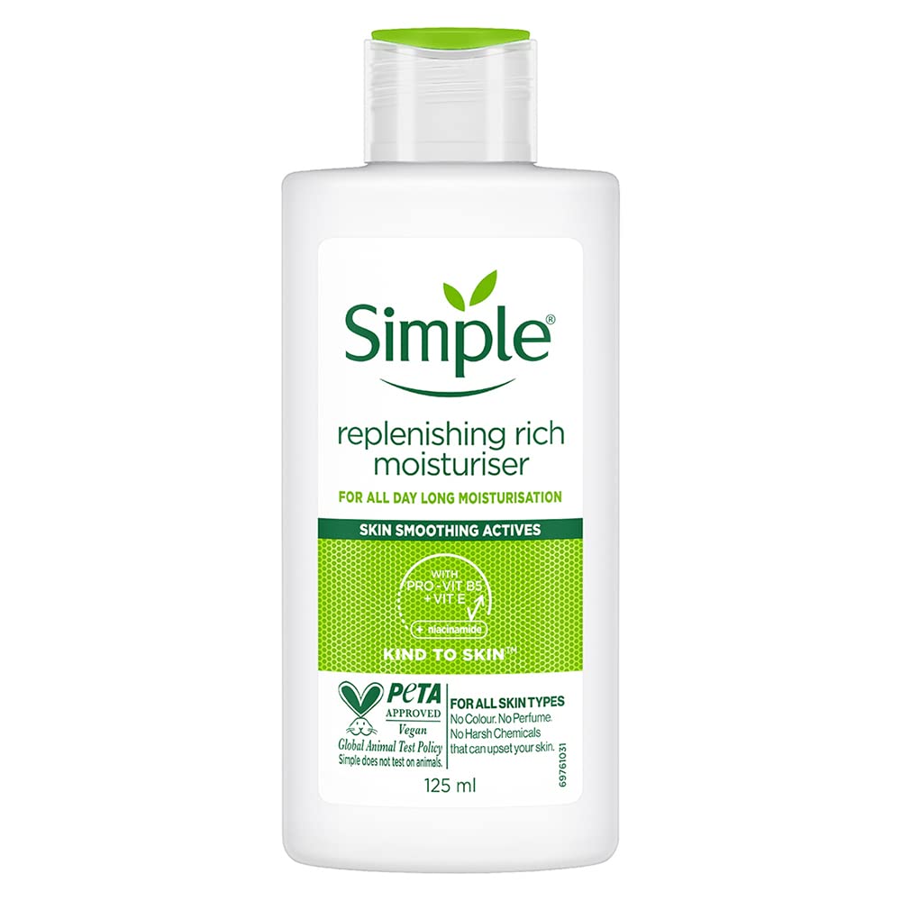 Simple replenishing rich moisturizer bottle on a white background