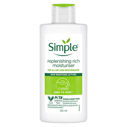 Simple replenishing rich moisturizer bottle on a white background