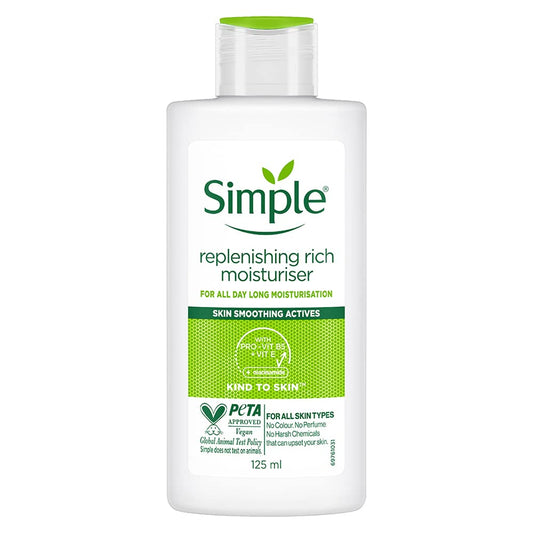 Simple replenishing rich moisturizer bottle on a white background