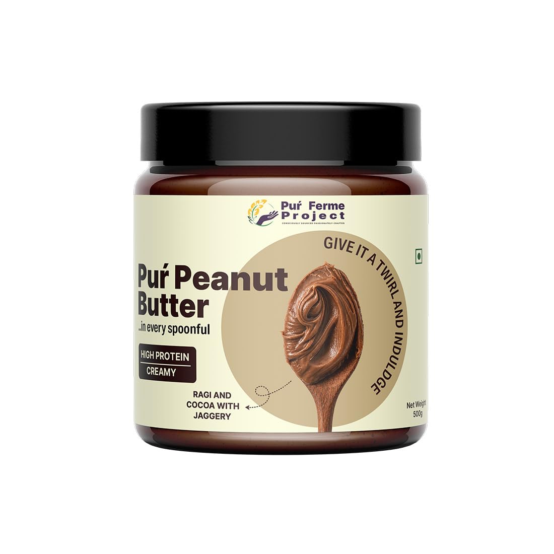 PurFerme Project Ragi & Cocoa with Jaggery Peanut Butter | Creamy (500 g) | Healthy Peanut Butter with Ragi & Cocoa