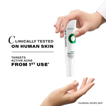 Novolog Acne treatment tube held by a hand with promotional text on a white background