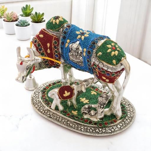KridayKraft Gold Plated Kamdhenu Cow with Calf Metal Statue for Good Luck Feng Shui & Vastu Showpiece Religious Idol Fingures for Home and Office Table Decor