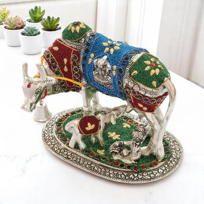 KridayKraft Gold Plated Kamdhenu Cow with Calf Metal Statue for Good Luck Feng Shui & Vastu Showpiece Religious Idol Fingures for Home and Office Table Decor