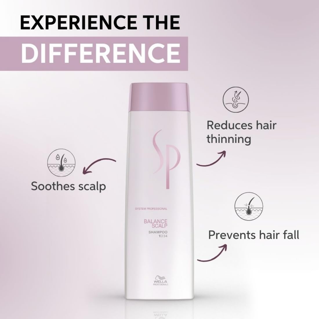 Shampoo bottle with text highlighting benefits on a light pink background