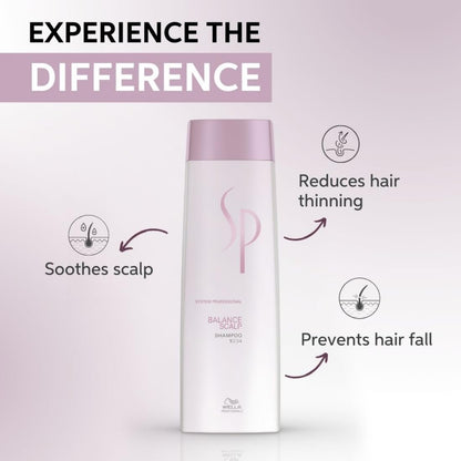 Shampoo bottle with text highlighting benefits on a light pink background