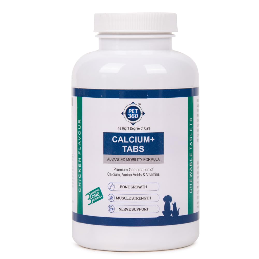 PET360 Calcium+ TABS Advanced Mobility Formula for Dogs & Cats | Bone Growth, Muscle Strength & Nerve Support with Calcium, Amino Acids & Vitamins | Chicken Flavor | Chewing Tablets - 120 Tablets