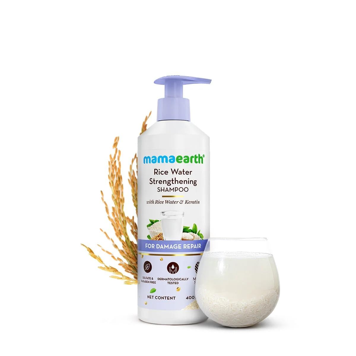 Mamaearth Rice Water Strengthening Shampoo with with Rice Water & Keratin for Damage Repair- 400 ml | Hair Strengthening | Hair Fall Reduction