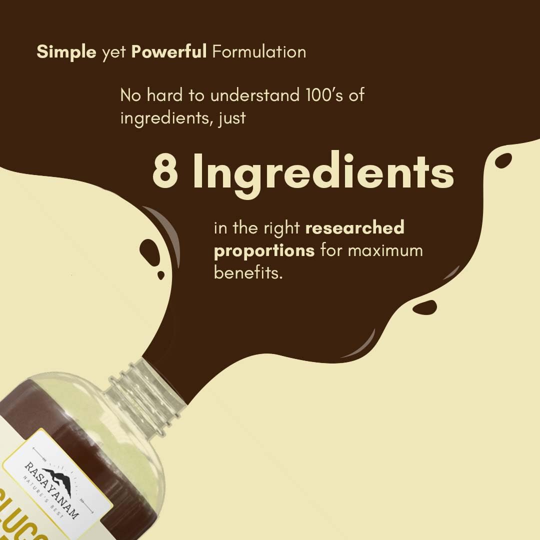 Promotional graphic for a product with text about ingredients and benefits, featuring a bottle labeled 'Rasayanam'.