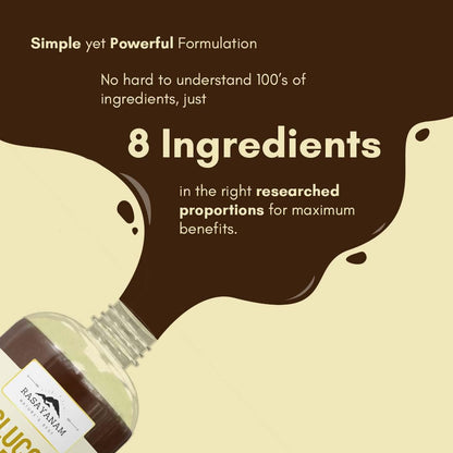 Promotional graphic for a product with text about ingredients and benefits, featuring a bottle labeled 'Rasayanam'.