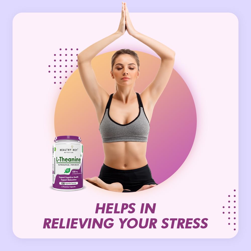 Woman in sports attire with a supplement bottle, set against a gradient background with text about stress relief.