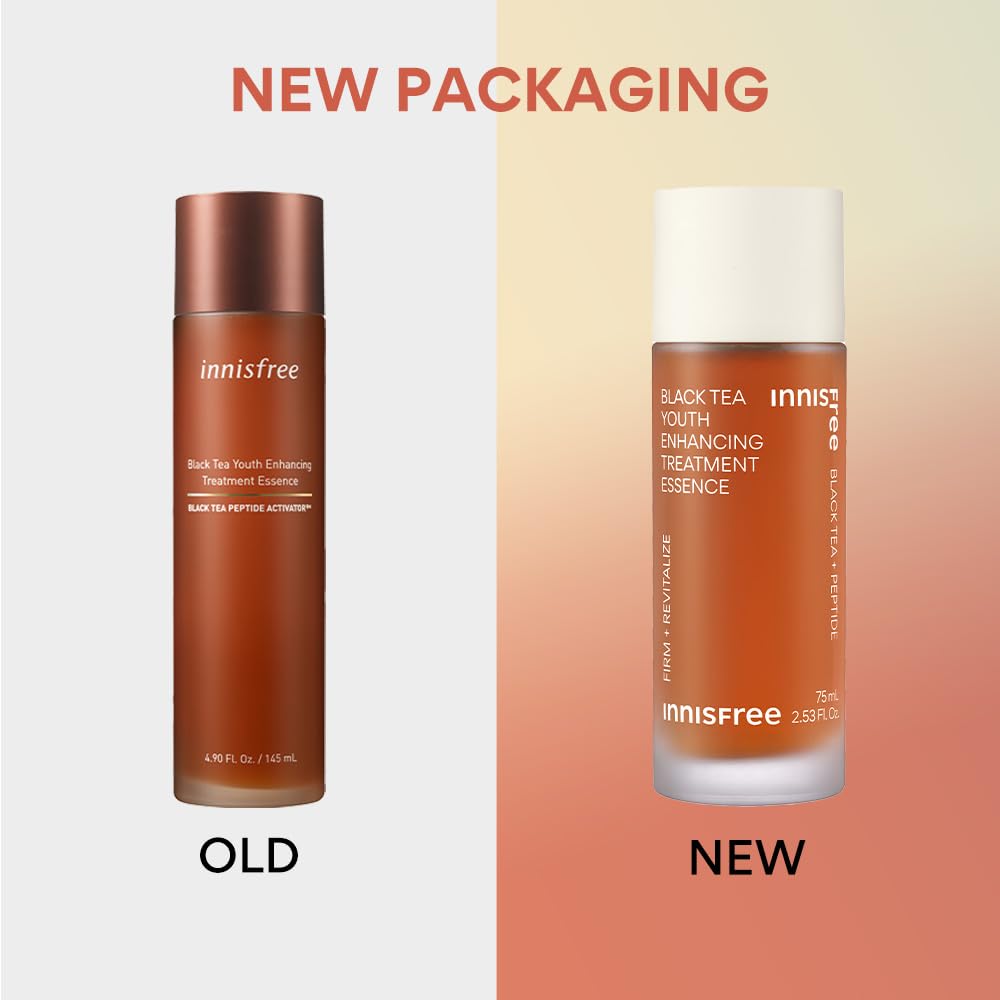 Comparison of Innisfree Black Tea Youth Enhancing Treatment Essence old and new packaging on a gradient background.