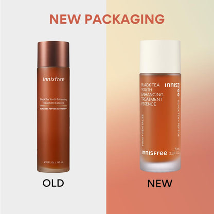 Comparison of Innisfree Black Tea Youth Enhancing Treatment Essence old and new packaging on a gradient background.