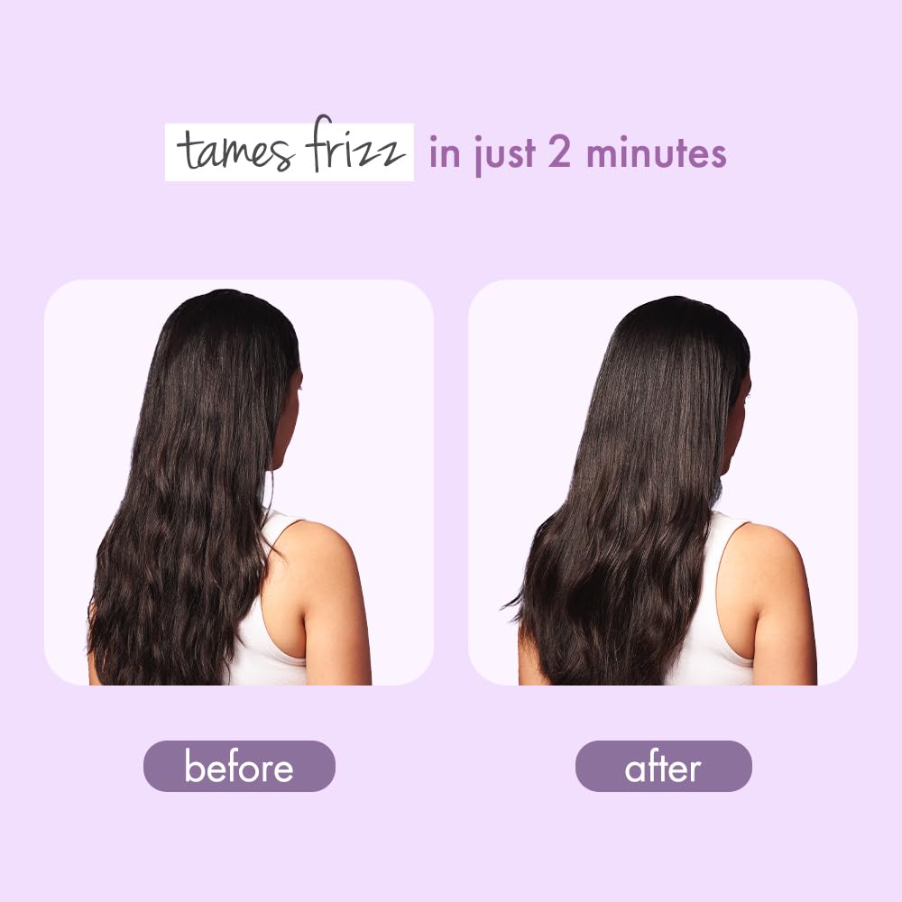 Before and after comparison of hair frizz on a person with a purple background.