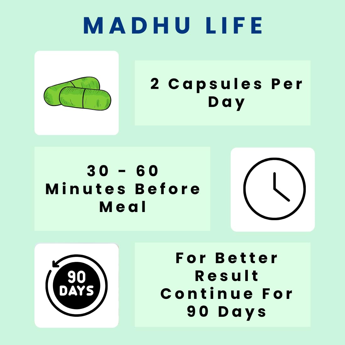 Instructions for taking Madhu Life capsules on a light green background