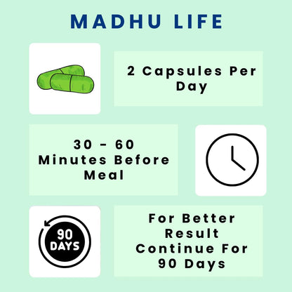 Instructions for taking Madhu Life capsules on a light green background