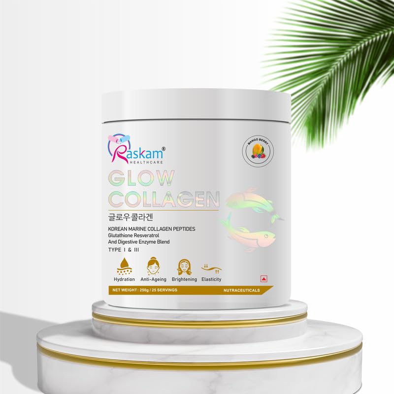 Raskam Glow Collagen supplement container on a white background with a palm leaf.