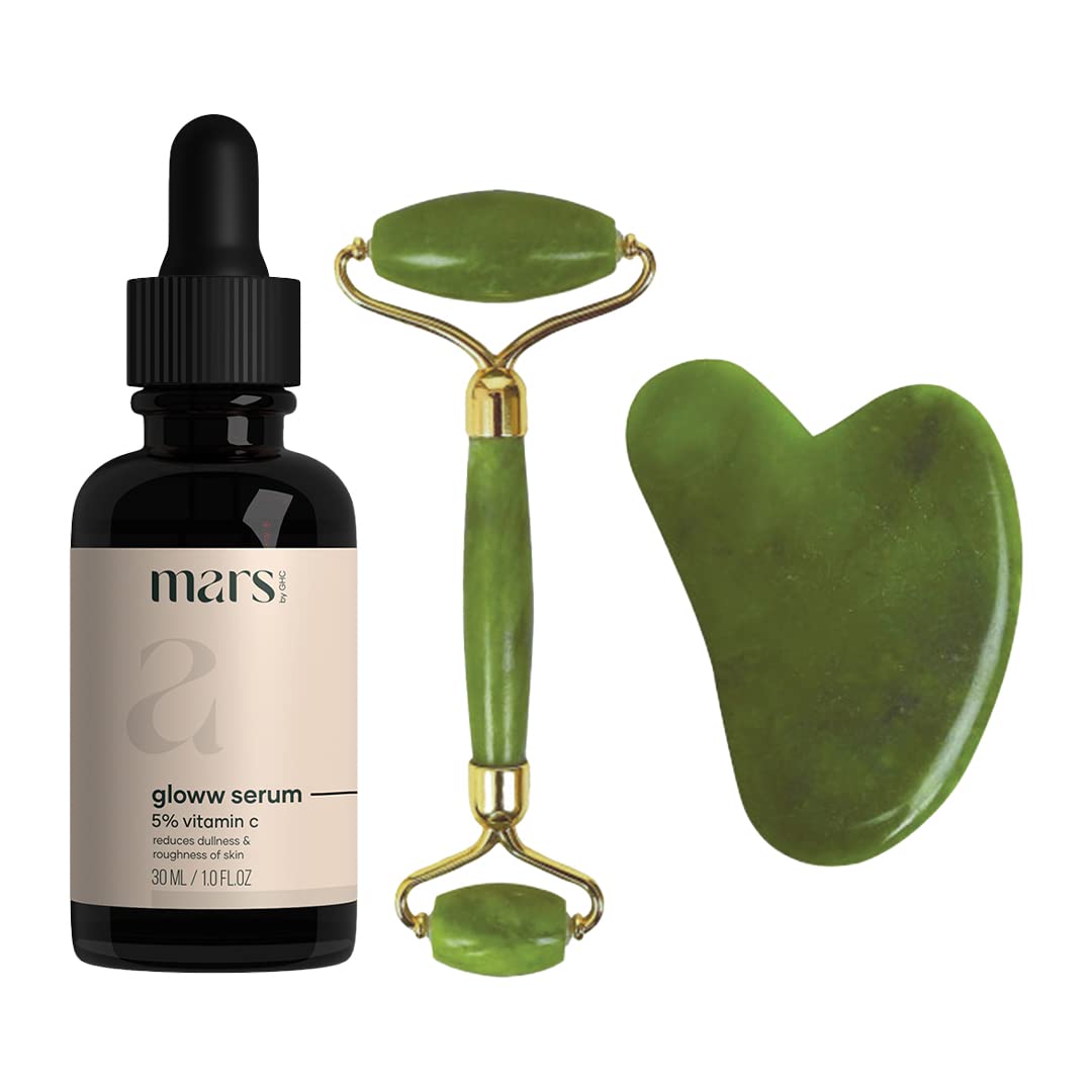 Mars by GHC Gloww Skin Serum & Jade Roller & Gua Sha Powered With Retinol, Hyaluronic Acid, Vitamin C & Natural Jade Stone, 30 ml (Combo Pack)