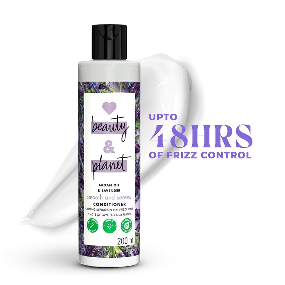 Bottle of 'beauty & planet' conditioner with lavender design on a white background