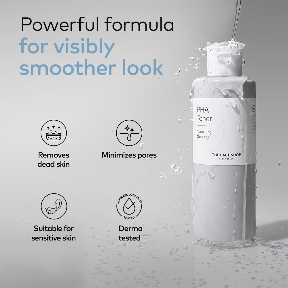 PHA Toner bottle with product benefits on a gray background