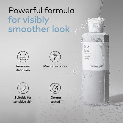 PHA Toner bottle with product benefits on a gray background