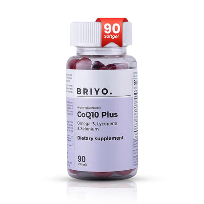 Bottle of Briyo CoQ10 Plus dietary supplement with a white background