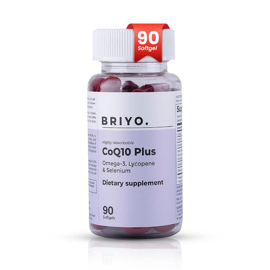 Bottle of Briyo CoQ10 Plus dietary supplement with a white background